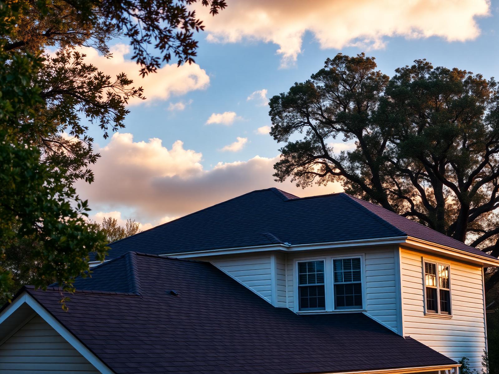 Two-story home with a freshly installed dark charcoal architectural shingle roof at golden hour